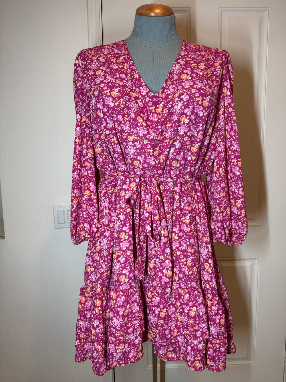 Dress Plus Size 3X Pink Orange White Florals Tie-Waist A Love Story